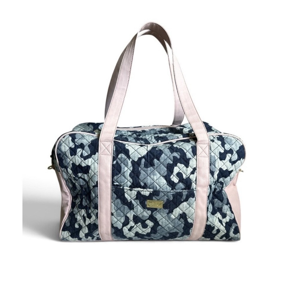 Luv Betsey Johnson Weekender Duffle Bag Travel Tote Quilted Blue Camo Pink Strap